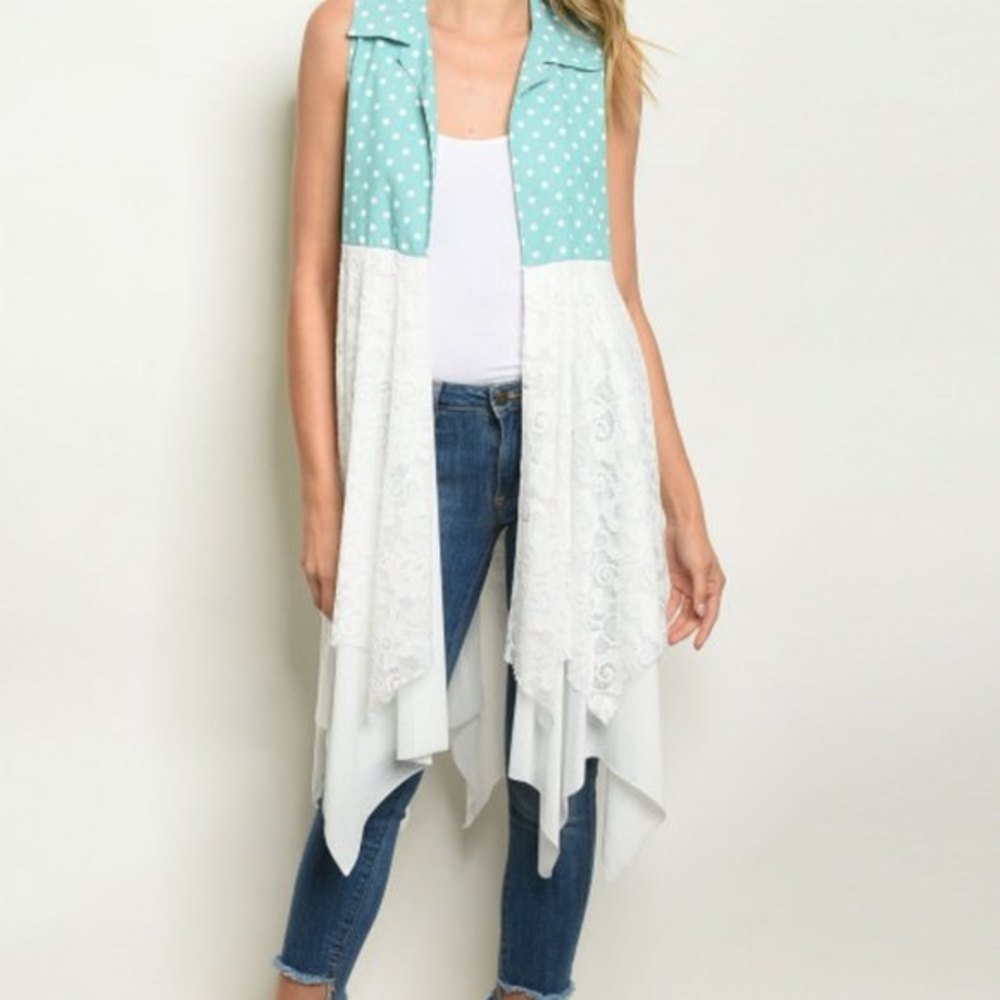 American Made Coquette Mixed-Media White Dots Sleeveless Medium Open Sage Vest